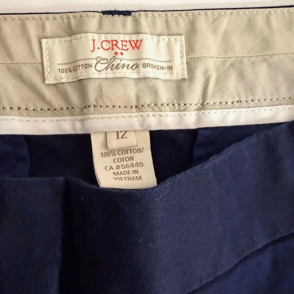 Size 12 J.Crew Chino Cotton Shorts Navy Flat Front Casual Classic 100% Cotton